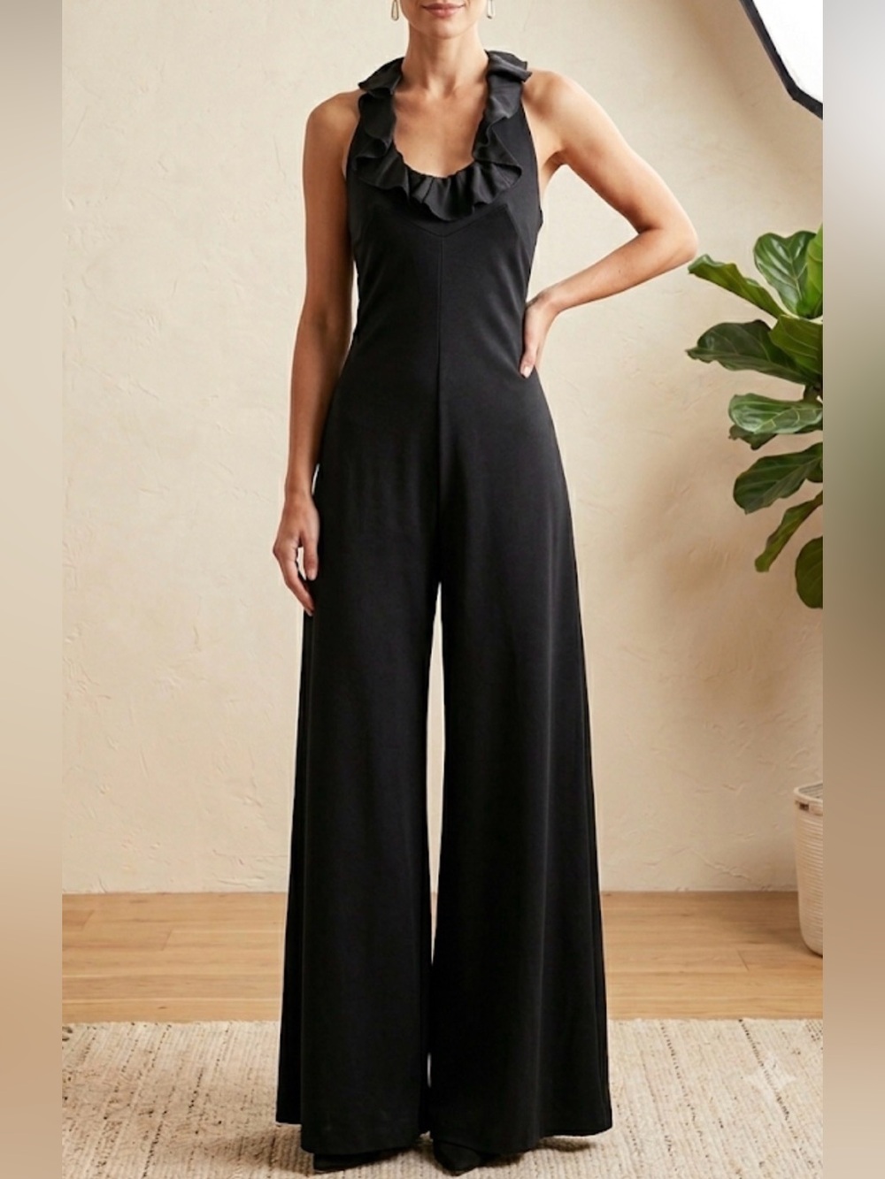 Vintage 70s Young Edwardian Ruffle Halter Wide Leg Jumpsuit